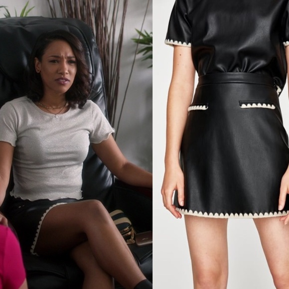 Zara Embroidered Knit Black Vegan Leather Skirt Size S Mini Supergirl Pencil - Picture 1 of 6